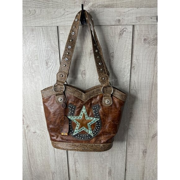 Western Style Brown Handbag Purse w/ Embossed Paisley Design & Star Horseshoe - Picture 1 of 9